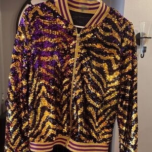 Gameday Purple and Gold to Black and Gold Striped Sequin Bomber Jacket LIKE NEW!